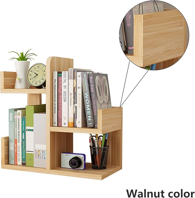 Wood Desktop Shelf Small Bookshelf Assembled Countertop Bookcase Literature Holder Accessories Display Rack Office Supplies Desk Organizer (Walnut Color)