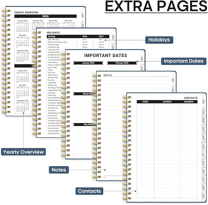 2026 Planner, Weekly and Monthly Calendar Planner, January 2026 - December 2026, Hardcover 2026 Calendar Book with Tabs For Women & Men, Inner Pocket, Spiral Bound, Perfect for Office Home School Supplies - A4 (8.5" x 11"), Navy