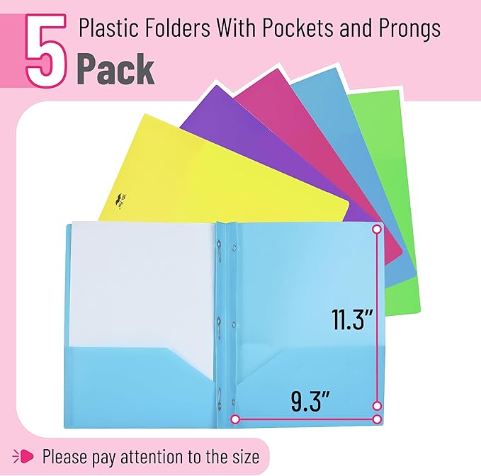 Mr. Pen- Plastic Folders with Pockets and Prongs, 10 Pack, Letter Size, Flexible Plastic Folders with Prongs