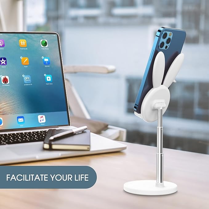 OATSBASF Cute Cell Phone Stand, Adjustable Bunny Phone Stand for Desk, Thick Case Friendly Holder Compatible with iPhone, Kindle, iPad, Switch, All Phones (White)