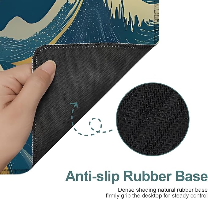 Abstract Waves Extended Mouse Pad XL 31.5"x11.8" – Elegant Blue Gold Desk Mat – Non-Slip Rubber Base, Stitched Edges