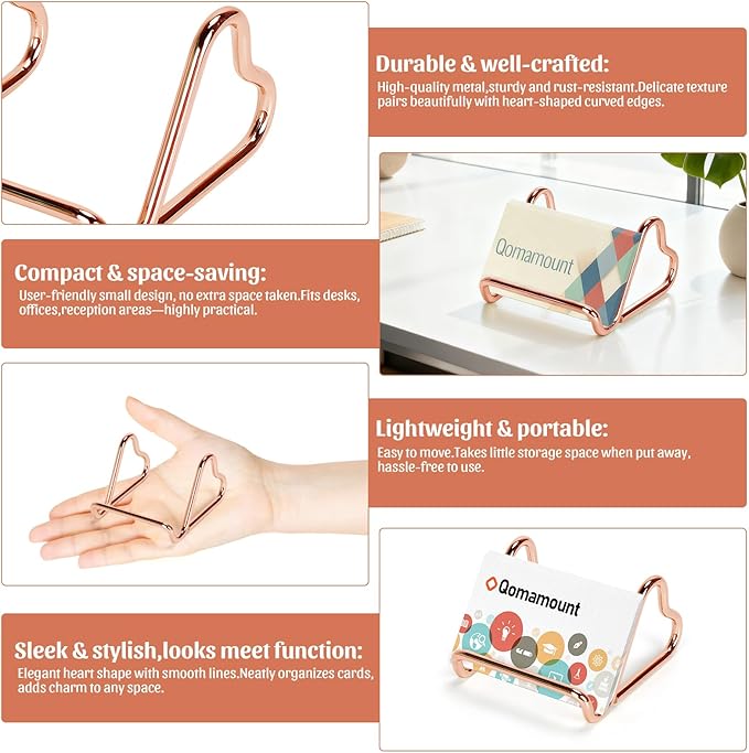 Qomamount Business Card Holder,Cute Heart-Shaped Metal Card Display Stand,Vertical Desktop Name Card Organizer,Small Phone Stand & Photo Holder for Office,Wedding,Reception,Exhibition(Rose gold)