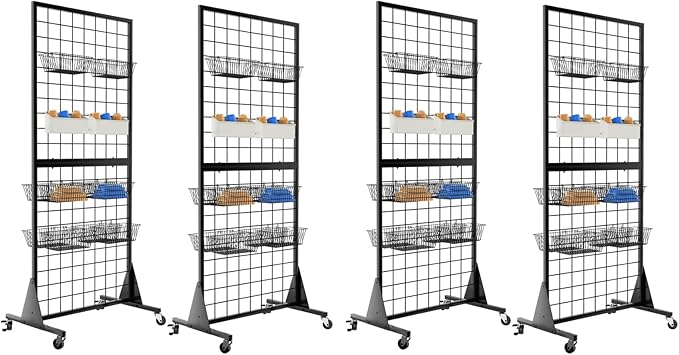 4-Pack Gridwall Panel Display Stand, 2'x5.5' Heavy Duty Floor Standing Rack with Detachable Girdwall, Movable Silent Wheel, Easy to Transport, Ideal for Retail & Craft Fairs