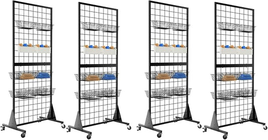 4-Pack Gridwall Panel Display Stand, 2'x5.5' Heavy Duty Floor Standing Rack with Detachable Girdwall, Movable Silent Wheel, Easy to Transport, Ideal for Retail & Craft Fairs