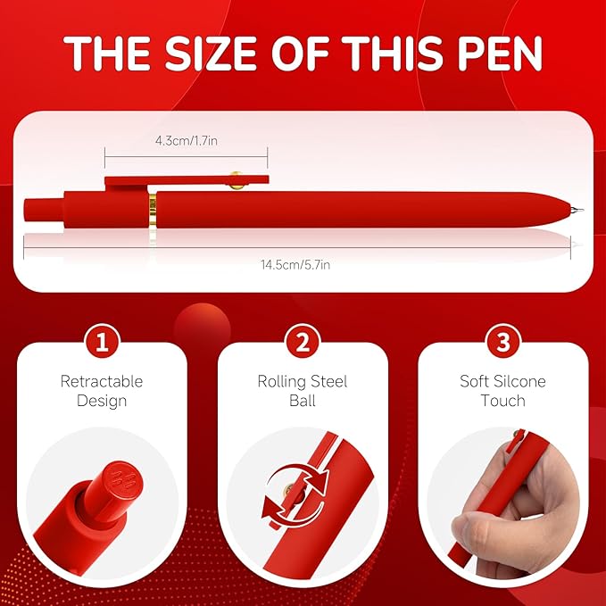6 Pcs Red Ink Pens for Journaling 0.5mm Fine Point Red Gel Ink Pens, Smooth Writing Quick Dry Pen for Note Taking, Gift Set for Women & Men (6 Pcs Red Gold)