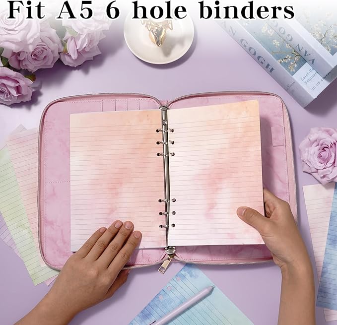 100 Sheets Gradient A5 Refill Papers for Planner Binder Insert with Pink Pu Leather Binder Cover, Refillable 6 Ring Binder Journal with 120GSM Thick Watercolor Notebook Filler for Girls Women