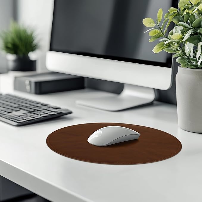 PU Leather Mouse Pad with Stitched Edge, Micro-Fiber Base, Non-Slip Waterproof for Computers, Laptop - Round 9 x 9 Inch (Dark Caramel Brown)