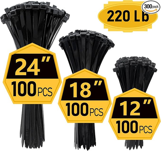 Zip Ties, Zip Ties Heavy Duty, Assorted Sizes (12"+18"+24")-300 Pack, Cable ties, Large Zipties Heavy Duty Black, Wire Ties with 220 lb Tensile Strength for Outdoor Use, Long Zip Tie, ANOSON