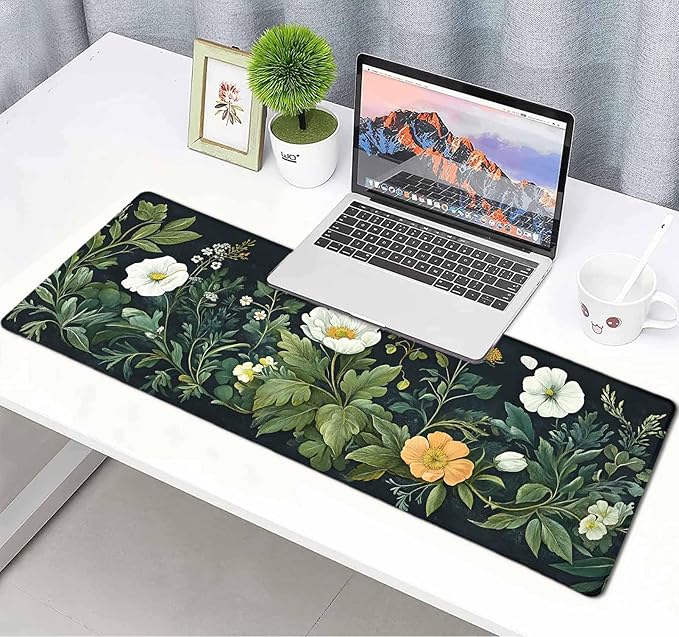 Vintage Wildflowers Flower Floral Large Mouse Pad, Desk Mat Computer Keyboard Pad Non-Slip Rubber Base Waterproof with Stitched Edges for Laptop Gaming, Office & Home 31.5 x 11.8 Inch