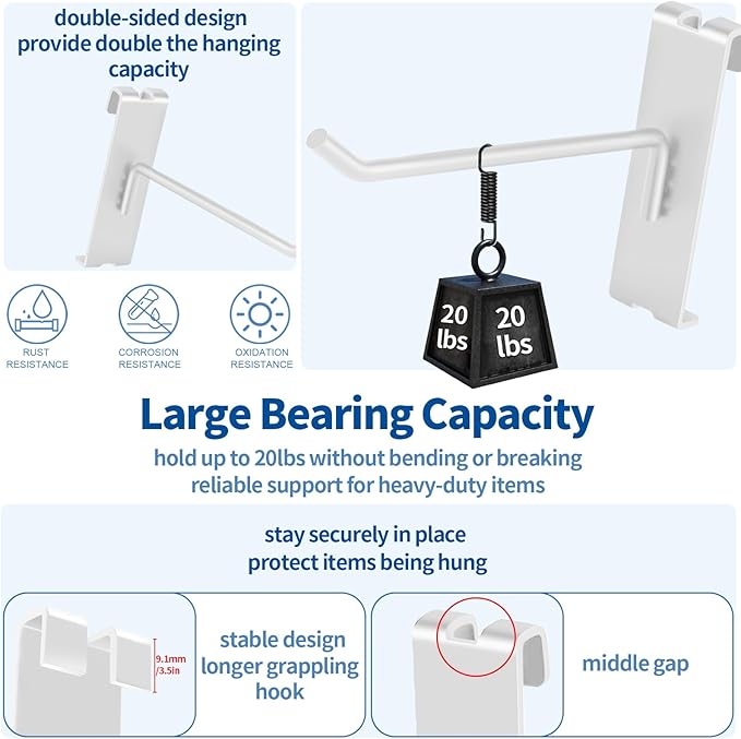 20Pcs Gridwall Hooks, Metal Grid Panel Hanging Peg Hooks, Grid Wall Accessory for Clothes Storage, Home Organization, Retail Display (White, 10"/25Cm)
