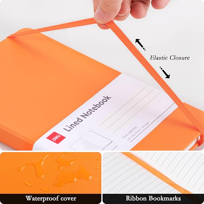 deli A5 Lined Journal Notebook, 160 Pages Hardcover Writing Notebook, 5.5"x8.2" College Ruled Notebook for Office, School, Work Notes (Orange)