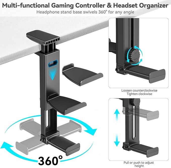 Headphone Stand & Under Desk Controller Holder with Adjustable Clamp, Controller Stand & Headset hanger for Desk Mount with 360° Rotating Hook & Cable Organizer 3-in-1 Game Organizer, PC Game Headsets