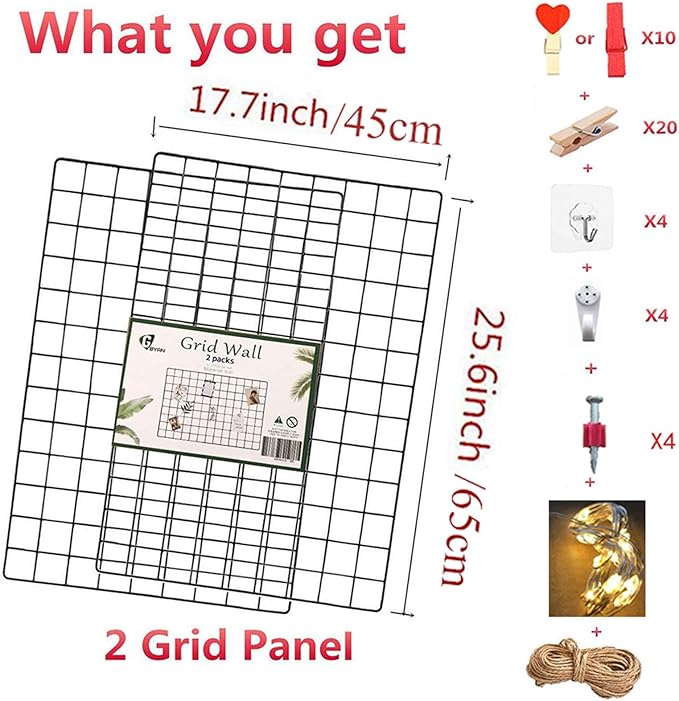 GBYAN 2 Pack Large Wall Grid Panels with Light and Clips, Photo Display Board, Picture Frame Collage Board, Wire Grid Wall Panel Room Decoration,Black