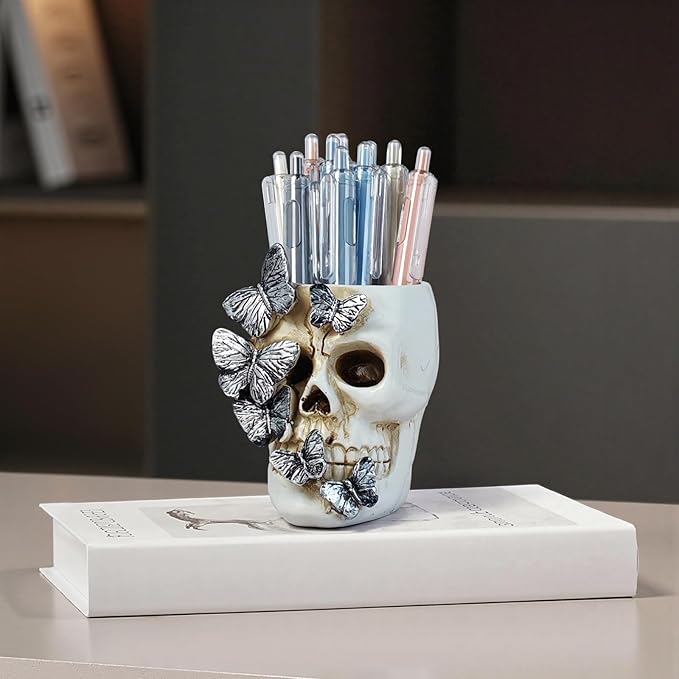 Skull Pen Holder Desk Organizer, Halloween Decor Skull Pencil Cup for Office Home School, Compact Gothic Desk Accessories Gift for Skull Lovers