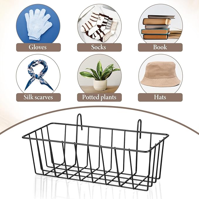 SHENLIU 10 Pcs Wire Baskets, Hanging Basket Grid Wall Baskets No Drilling Walls Storage And Display Basket, Black Grid Walls Accessory for Wall, Kitchen, Home Decor Supplies