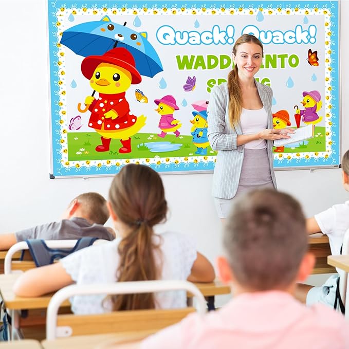 Spring Bulletin Board Decoration Set, Yellow Duck Quack Classroom Decorations Duck Butterfly Umbrella Cutouts March April Library School Nursery Home Window Wall Chalkboard Door Decor for Teacher