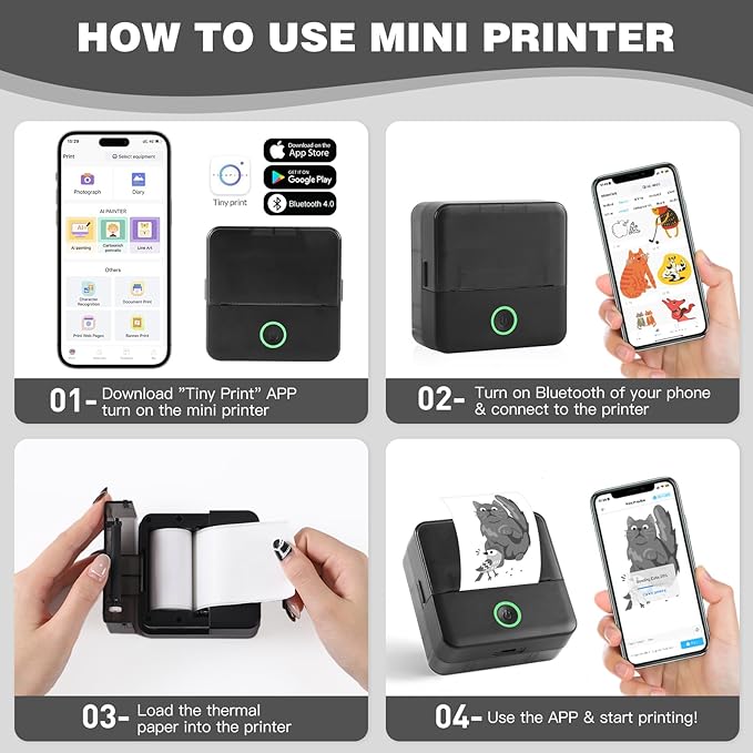 cudinham Print Pods Mini Printer, Sticker Printer with 10 Rolls Thermal Printing Paper, Inkless Pocket Printpod for Phone, Impresora Portátil for Notes, DIY, Compatible with iOS & Android (Black)