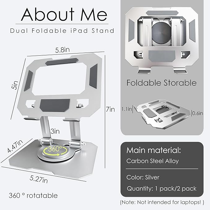 Tablet Stand for iPad, 360° Rotating Desktop Holder, Carbon Steel Adjustable Foldable Desk Holder for Home/Office, for Phone iPad Pro Air Samsung,for 4" -16" Tablets, Portable Upgraded - Silver
