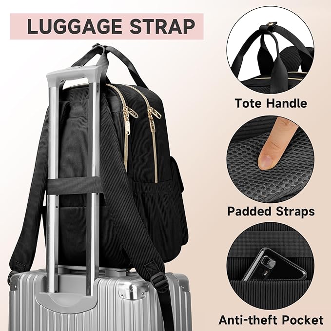MATEIN Cute Laptop Backpack for Women, 15.6 Inch Corduroy Computer College Backpack with USB Charging Port, TSA Lightweight Aesthetic Back Pack Travel Laptop Daypack for Work Nurse Teacher Gift, Black