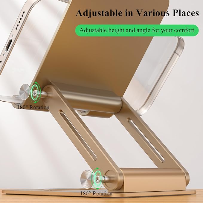 Minthouz Tablet Stand, Multi-Angle Adjustable Tablet Holder, Aluminum iPad Stand Compatible with iPhone 17 16 15 14 13 Pro Max Mini, 12 11 XR X8 Plus SE, Smartphone (Gold)