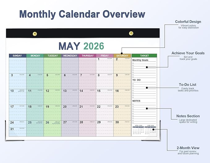 Desk Calendar 2026-2027, 18 Months Calendar from Jan. 2026 to Jun. 2027, 17" x 12" Large Desktop/Wall Monthly Calendar with Corner Protectors, Ample Space ＆ Target for Home, School, Office