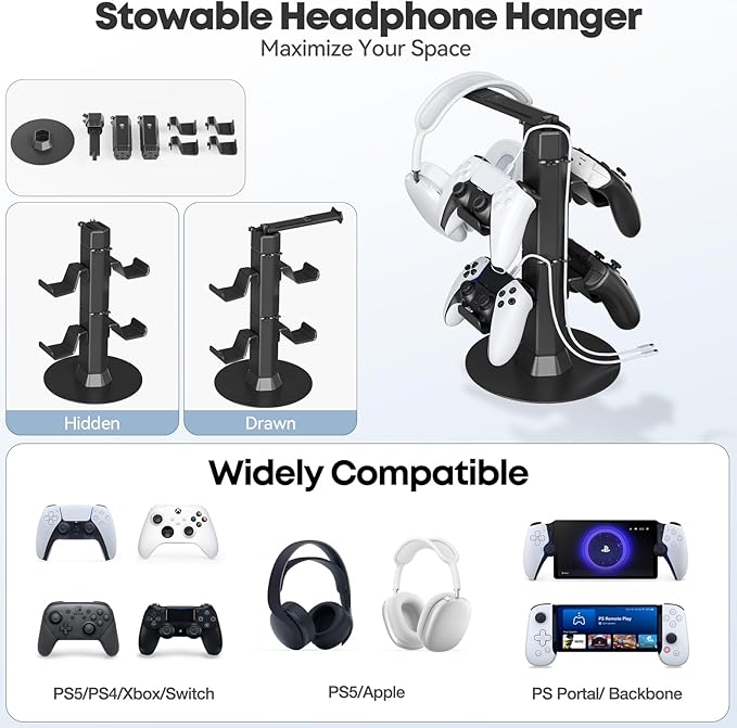 Gaming Controller & Headset Holder Stand for Desk, with Charger Cable Organizer Headphone Stand for PS5/ Xbox/ PS4/ Switch, Metal Base Controller Hook for Storage with 360° Rotatable Hanger- 2 Tiers