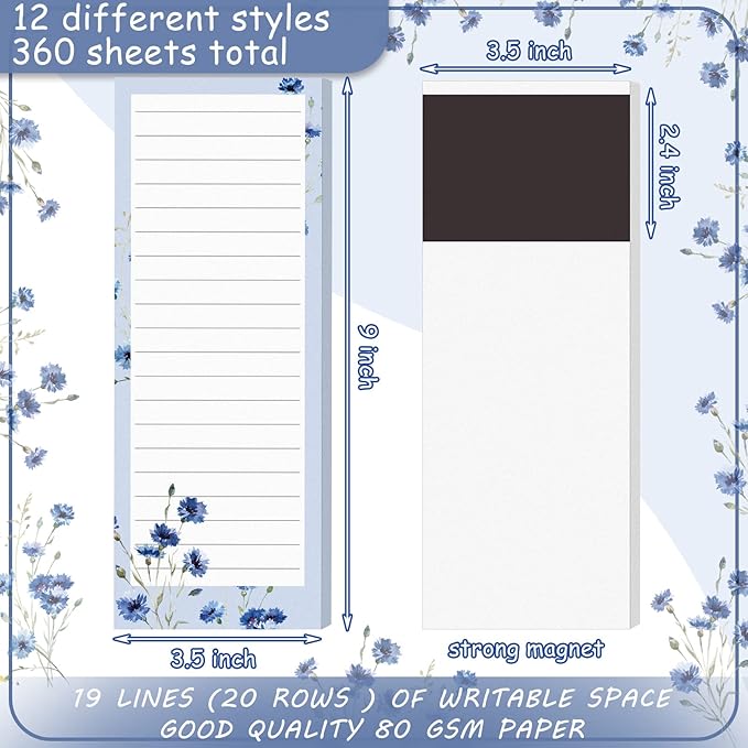 Sinmoe 12 Pack Grocery List Magnet Pad for Fridge Magnetic Notepads for Refrigerator Shopping to Do List Memo Notepad for Shopping for Women men(Floral Style)