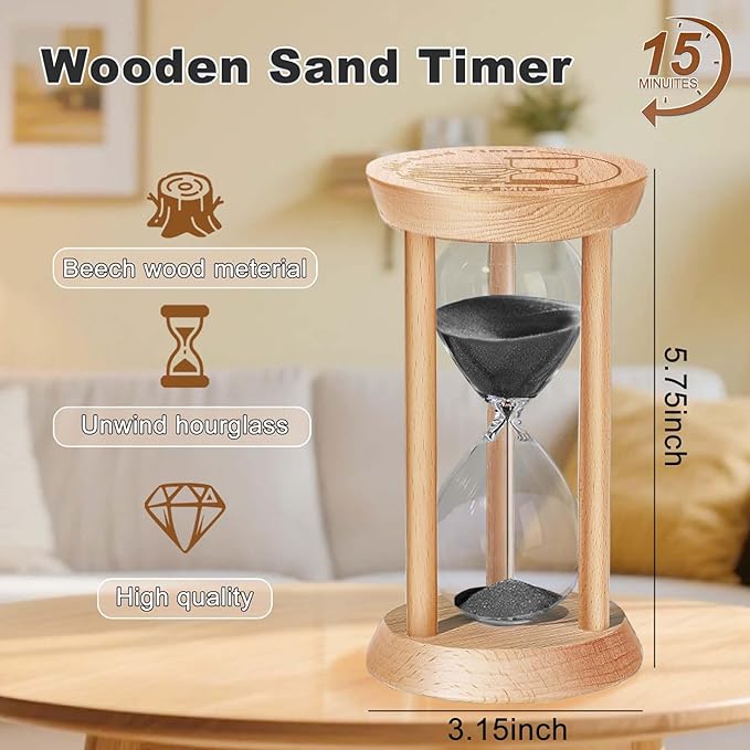 SuLiao Wooden Sand Timer 15 Minute Hourglass, Wood Black Sand Clock, Small Watch 15 Min Timer, Hour Glass Sandglass for Home, Reloj De Arena, Office, Decorative, Game, Classroom