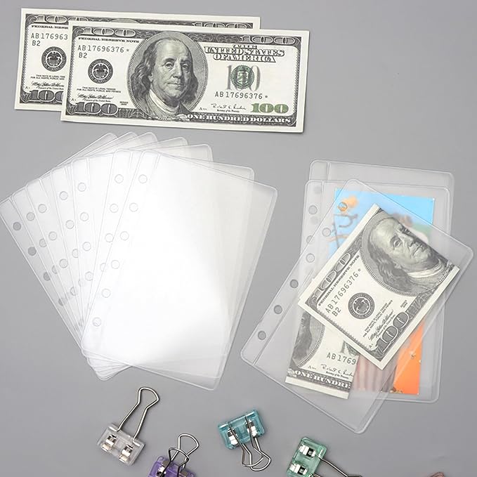 NatSumeBasics 24 A7 Binder Pockets Zipless Cash Envelopes Frost PVC 3“ x 5" Sheet Protectors for 6-Ring Planner Inserts Photos Cards Bills Organizer (A7 24pcs)