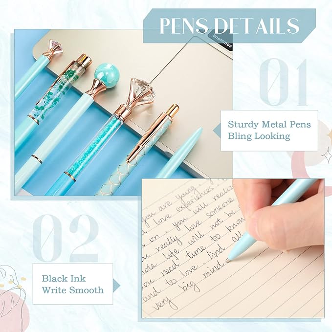 Janmini 9 Pcs Ballpoint Pens Set Metal Crystal Diamond Glitter Pens for Journaling Black Ink Pretty Cute Things Fancy Stationery Gifts for Women Girls Birthday Home Office Desk(Blue)