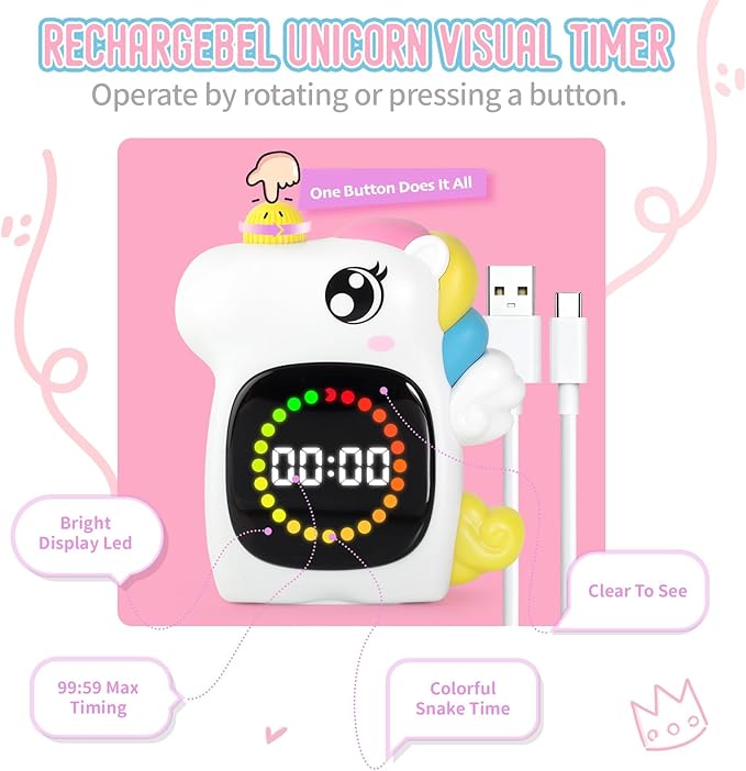 Unicorn Visual Timer for Kids, Rechargeable 99:59 Digital Countdown Timer, Visual Time Progress Display, Adjustable Volume, Classroom Homeschool Study Timer