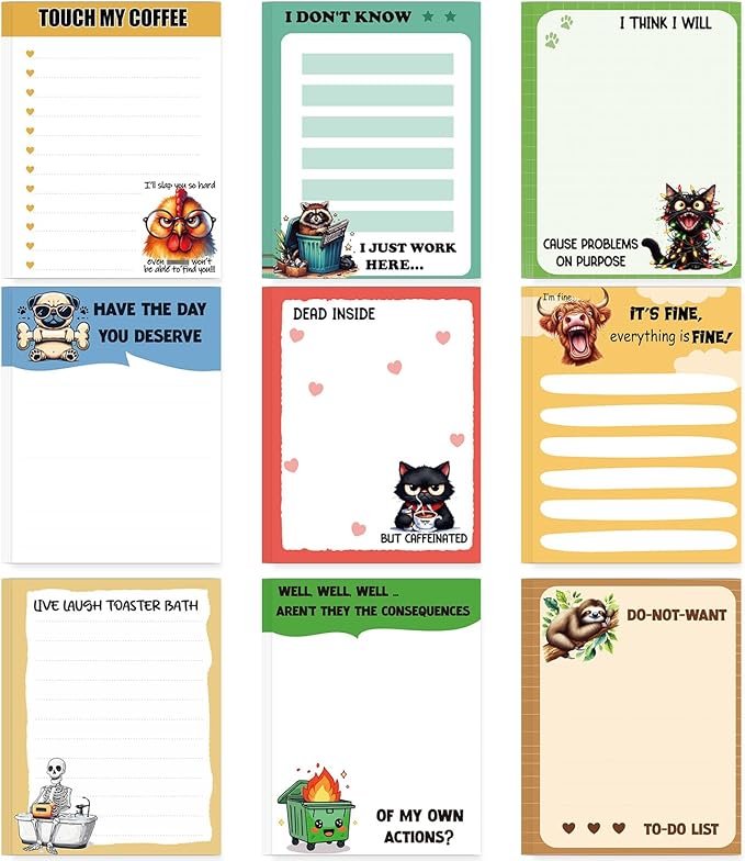 Funny Sticky Notes Gifts - 9 Pack Funny Notepads for Work 3x4 Inch, Fun Self-Stick Memo Pads Gifts for Coworkers, Sarcastic Work Gag Office School Supplies (450 Sheets)