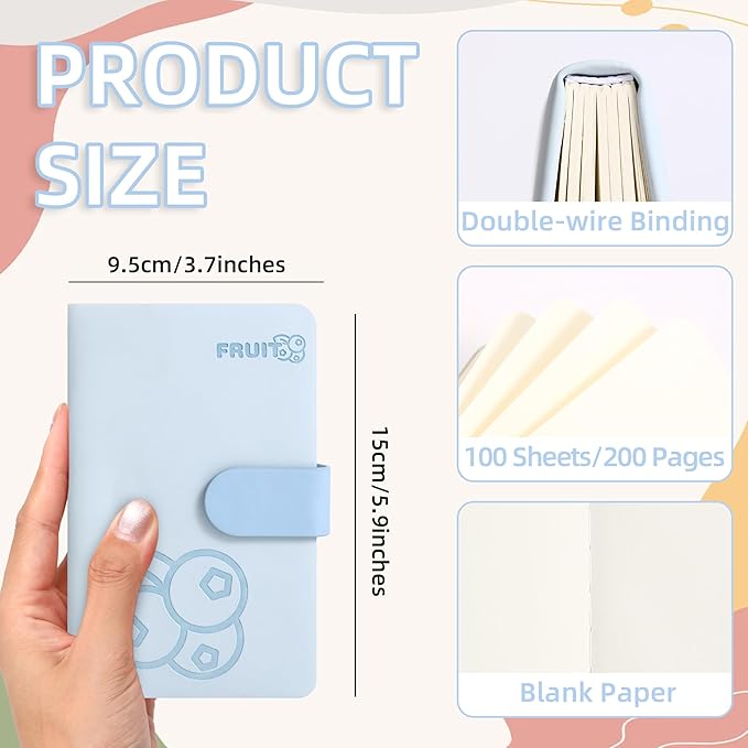 BOBO RABBIT Blank Journal Small Pocket Leather Notebook No Lines for Drawing Plain Sketch Book Cute Cartoon Fruit Blueberry Unlined Journal for Travel Work School, 200 Pages, 3.7"X5.9"