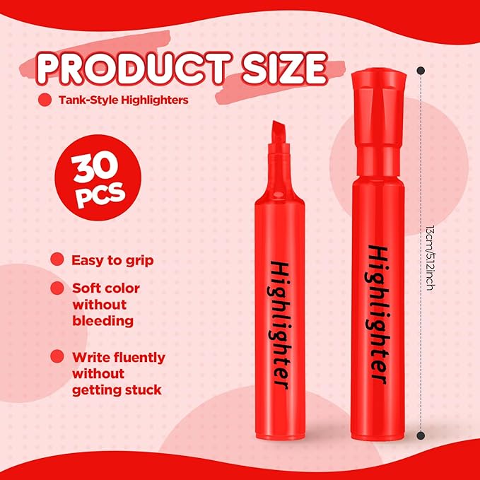 Qilery 30 Pack Highlighters Bulk, Tank Style Chisel Tip Highlighters Markers Pack Quick Drying for Adult Coloring, Home Office Supplies (Red)