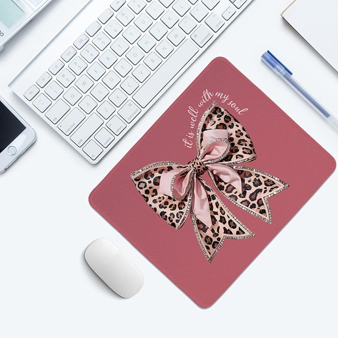 Coquette Pink Bow Mouse Pad,Christian Mouse Pad, Bow Themed Desk Accessories, Girly Leopard Desk Mat for Girls Dorm Home Office Desktop Decor,10.2x8.2Inch