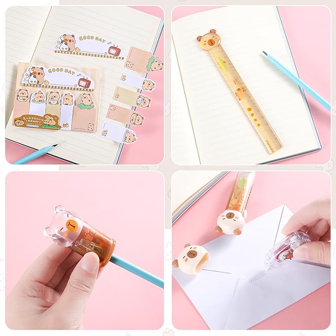 9 Pcs Cute Capybara Stationary Set Kawaii School Supplies Japanese Stationery, Includes Pencil Sharpener, Eraser, Correction Tape, Glue Tape, Sticky Notes, Ruler, Scissors for Office School Supplies