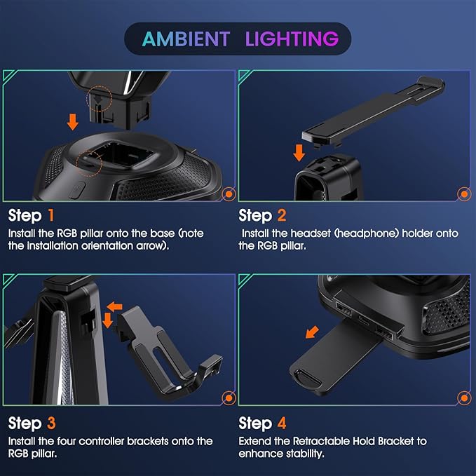 Luckit Gaming Headphones Stand, RGB Headset Stand with 12 Light Modes, Controller Holder with 2 USB Charging Ports - Supports Data Transfer, Earphone Hanger Accessories for Desktop Gamer