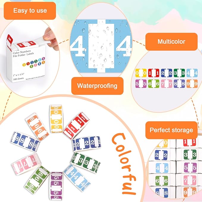 10 Rolls Number File Folder Labels Set Color Series Chart Stickers with Wooden Tray Set of Numbers 0-9 File Labels for File Folders Number Label Index Numeric Labels Index Stickers for Office School