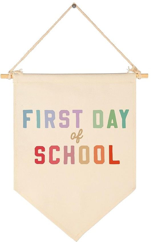 Happy First Day of School Banner for Classroom Teacher Office Supplies-Flag Sign Wall Decor Gift-First Day of Kindergarten Decor-Welcome Gifts for Kindergarten PreK 1st Grade-Back to School