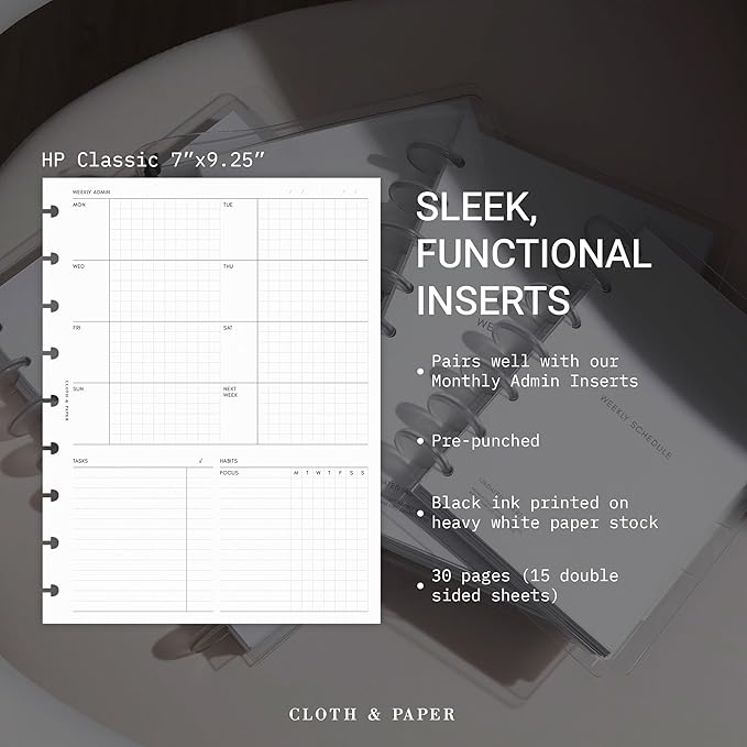 Cloth & Paper Weekly Admin Planner Inserts | HP Classic Size 7 x 9.25 Inches | 9 Disc Punch | Monday Start | Minimalist Weekly Task + Habit Tracker Layout | Refill Pages for HP Classic Planners