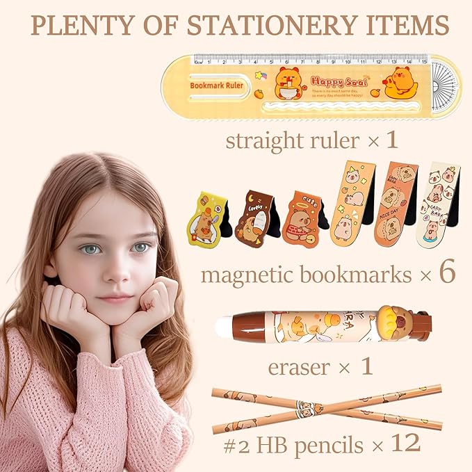 Cute Capybara School Supplies Capybara Stationery Set Includes Gel Pens Pencil Eraser A5 Notebook Stickers ID Badge Holder Ruler Kawaii Birthday Christmas Gifts for Office School Supplies