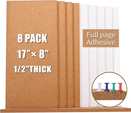 Cork Bulletin Board 17"x8" - 1/2" Thick Cork Board Tiles Frameless Cork Tiles, Self-Adhesive Corkboards Wall Decor Bonus Pushpins (8pack) for Office, School and Home