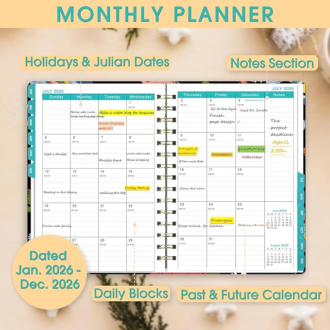 Ymumuda 2026 Planner, Daily Weekly and Monthly Planner，Jan 2026 - Dec 2026, 8.4" x 6.3", 2026 Calendar Planner Book with Tabs, Spiral Notebook with Inner Pocket for Office Home School Supplies