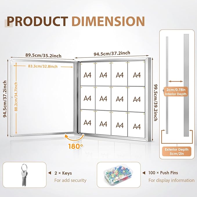 SWANCROWN Outdoor Enclosed Cork Bulletin Board Weatherproof Display Cases Tamperproof Notice Poster Memo Board with Aluminum Frame (Cork, 39x37 inches)
