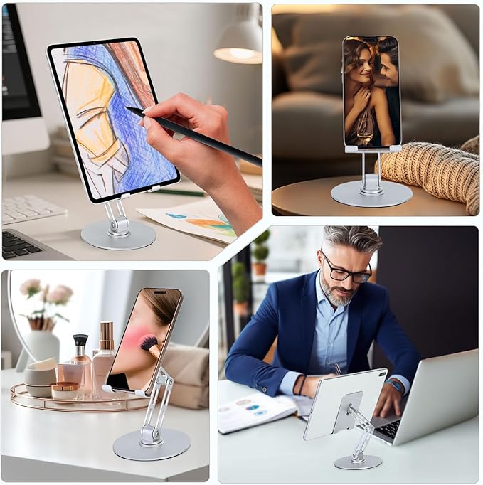 Foldable Desktop Phone Stand for Desk with Adjustable Height up to 6.7inch/17cm Sturdy 360° Rotating Desktop Holder for 4-11 Inch Cell Phones/Tablets, Aluminum Alloy/Carbon Steel Base