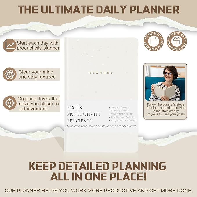 Productivity 2026 Planner Undated Daily Weekly Monthly Time Management & Organization Goal Achievement for Professionals & Students Workers(White)