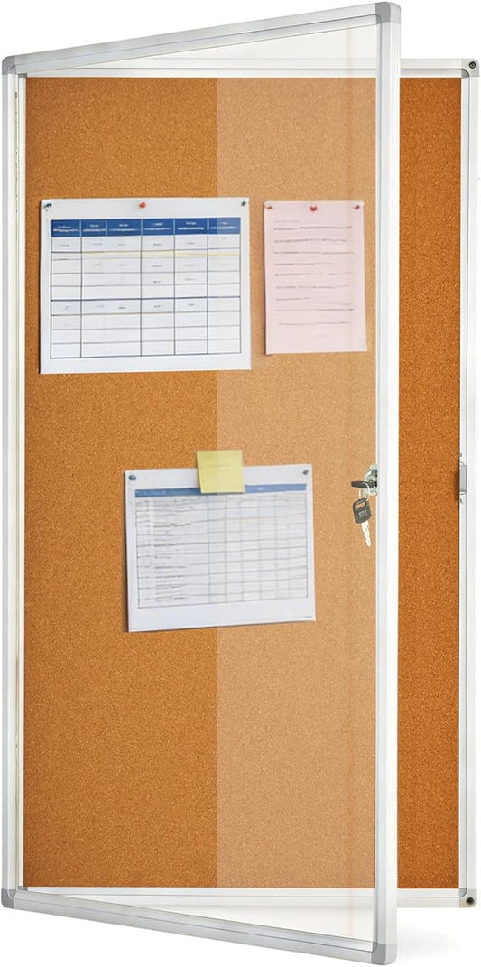 BIBOC Enclosed Bulletin Board,Lockable Cork Noticeboard with Aluminum Frame, Secure Display Case for School Office,Wall Display Case with Lock (Cork, 24×36 inches)