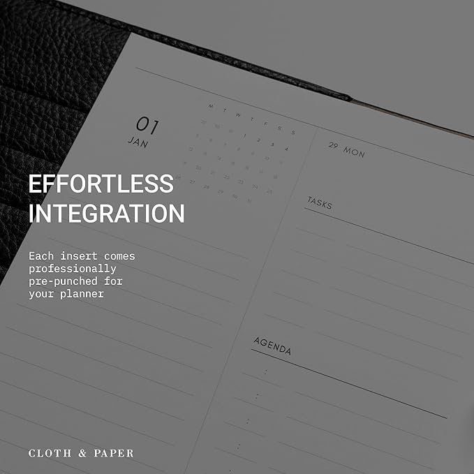 Cloth & Paper 2026 Dated Daily Planner Inserts - Monday Start | A5 Size 5.8 x 8.3 Inches | 6 Ring Planner Refills | 2 Days Per Page | Minimalist Daily Organizer Pages | Heavyweight Paper