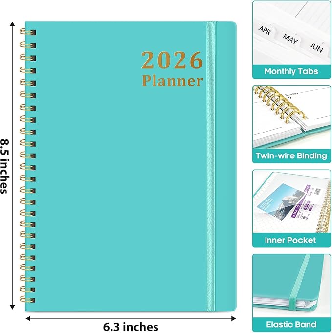 2026 Planner, Weekly and Monthly Calendar Planner, January 2026 - December 2026, Hardcover 2026 Calendar Book with Tabs For Women & Men, Inner Pocket, Spiral Bound, Perfect for Office Home School Supplies - A5 (6.3" x 8.5"), Aquamarine
