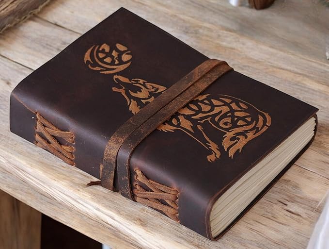 Wolf Leather Journal Book of Shadows Notebook Handmade Daily Notepads for Men & Women Blank Paper 7x5 Inches - Best Gift for Art Sketchbook, Notebook Wolf Lovers Unique Gifts For Mom ,Sister Gifts for Wife her ,Wolf Stuff Gifts for Men Women (Brown)